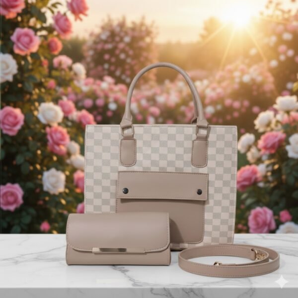 Elegant Checkered Tote Bag with Matching Clutch